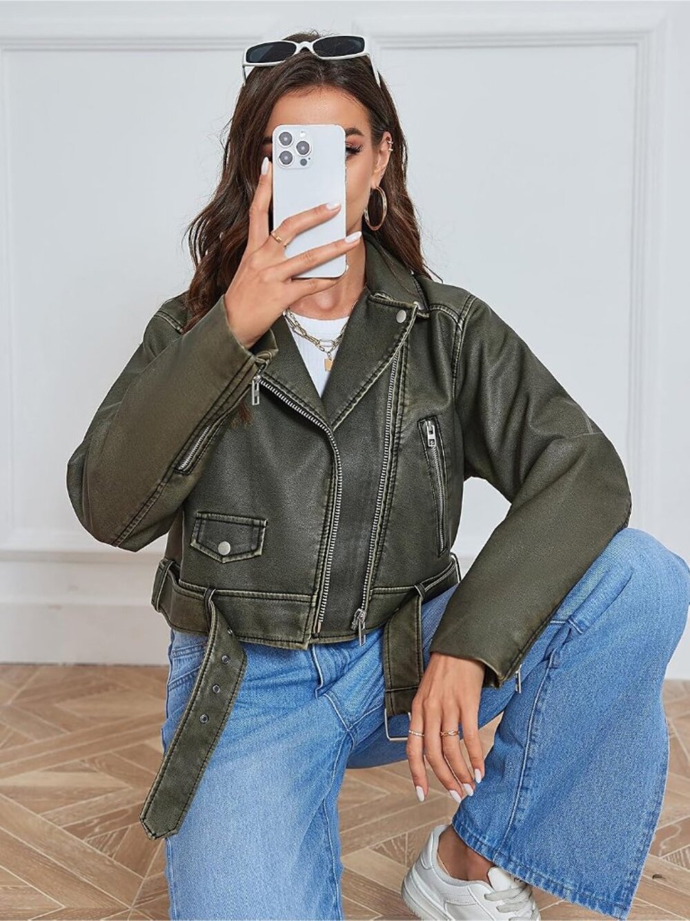 Women's Dark Green Leather Asymmetric Belted Zipper Biker Cropped Bomber Jacket - Picture 4 of 6